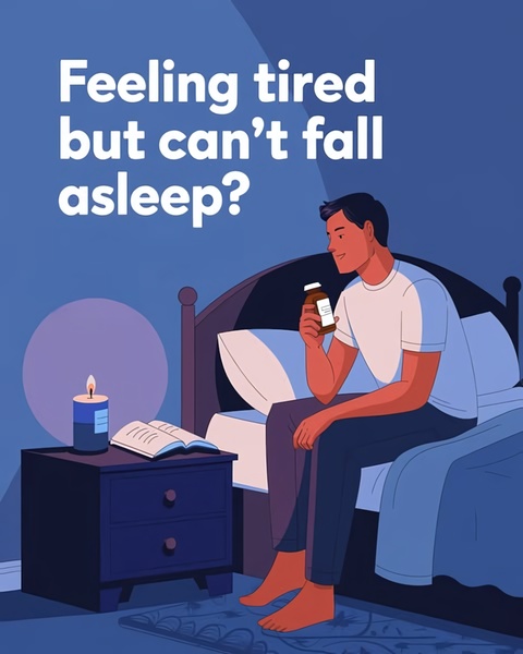 An illustration-style ad featuring a person sitting on a bed in a dark room holding a bottle of pills, addressing the pain point of insomnia.